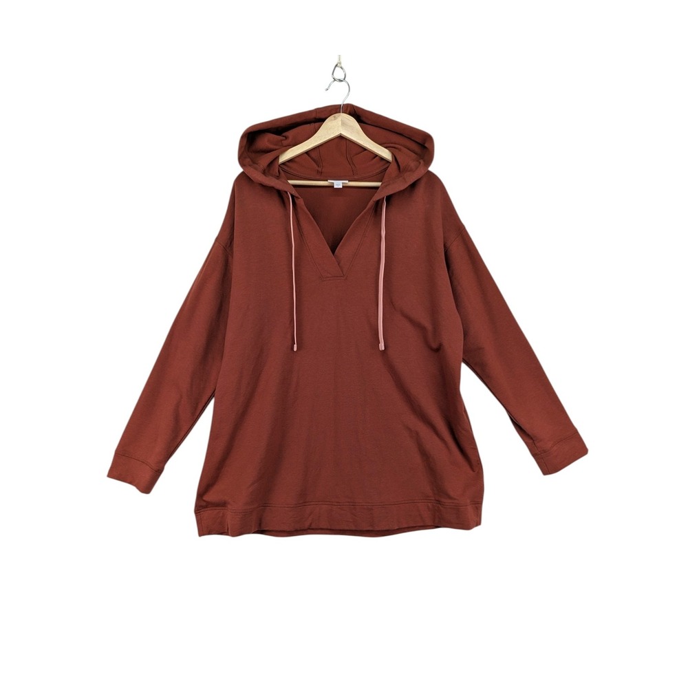 J. Jill Fit Womens XL Rust Brown V-Neck Hooded Sweatshirt Cotton Modal Pullover